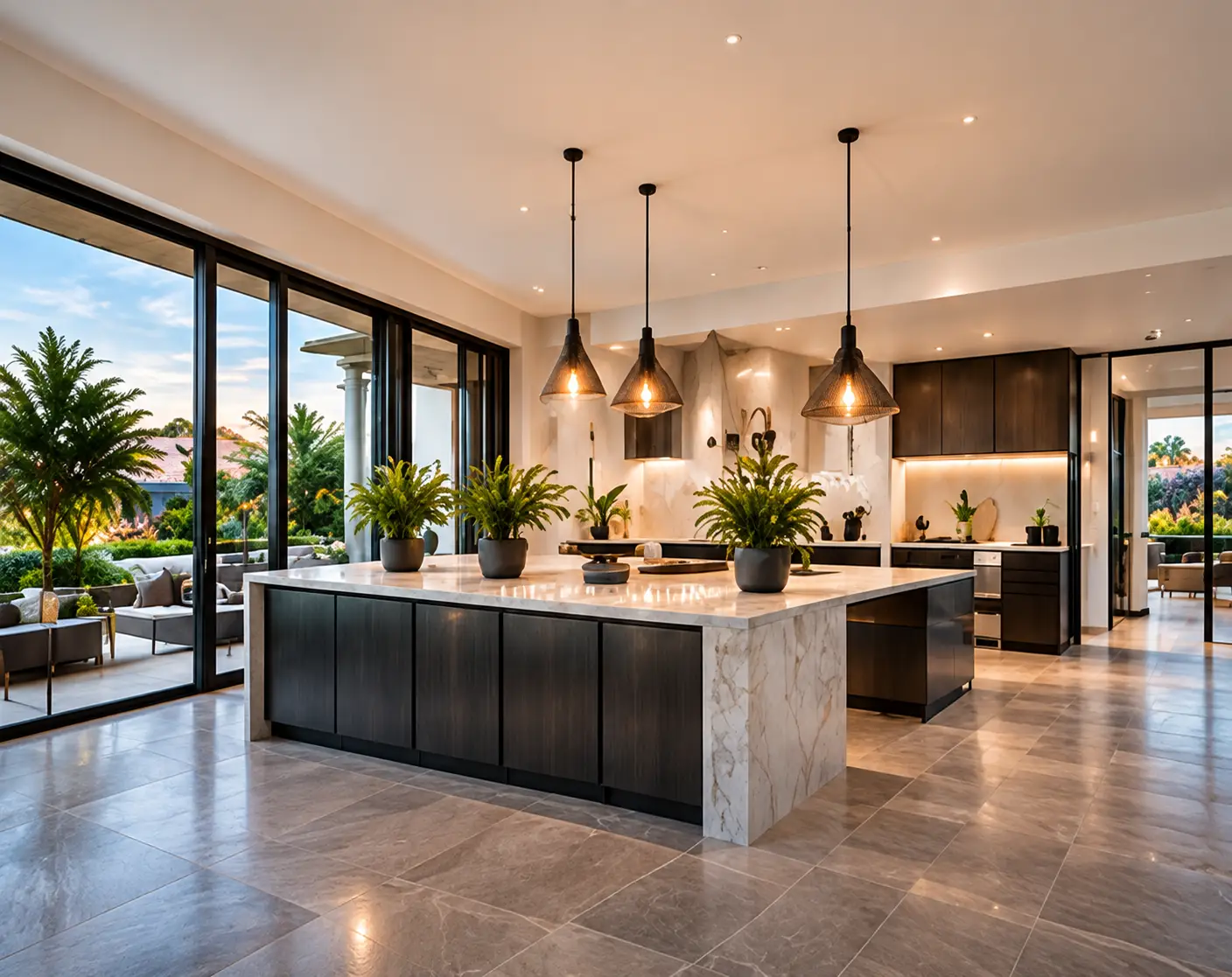 Modern open-plan kitchen with premium tiled flooring, marble island and outdoor patio view