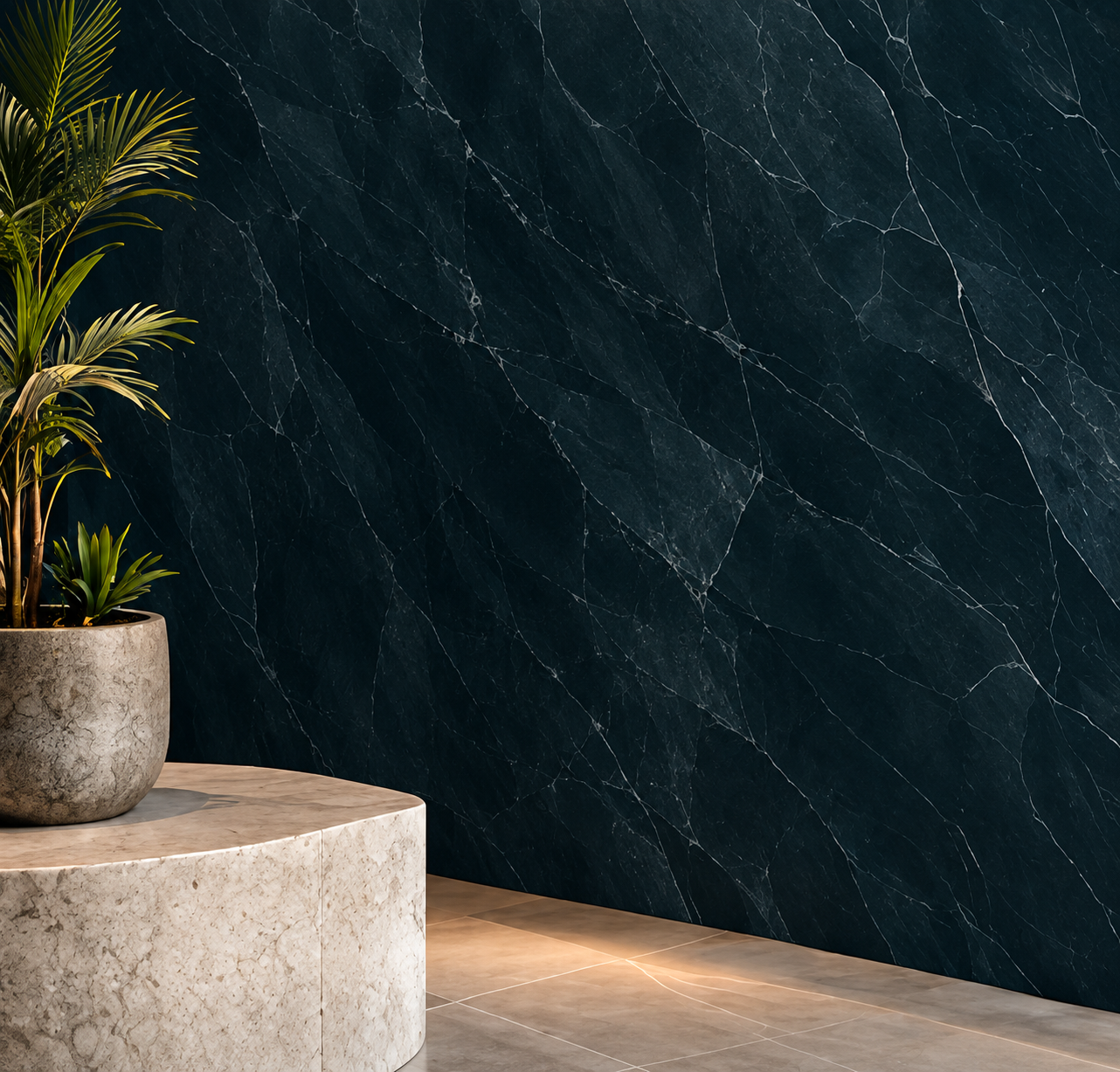 Dark marble feature wall with plant and stone side table