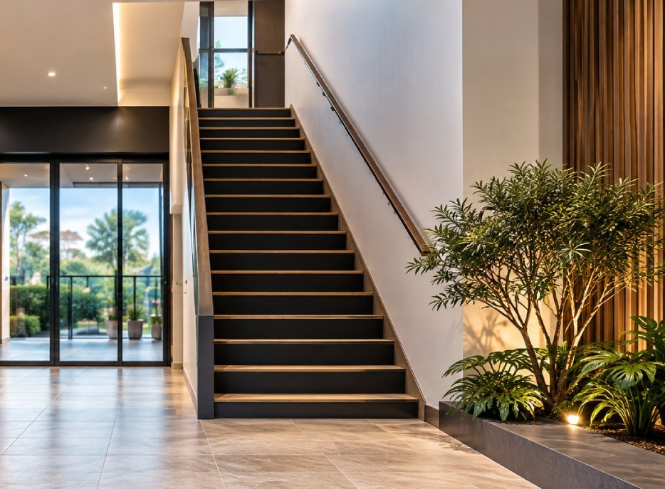 Luxury tiled entry and staircase in a modern Perth home