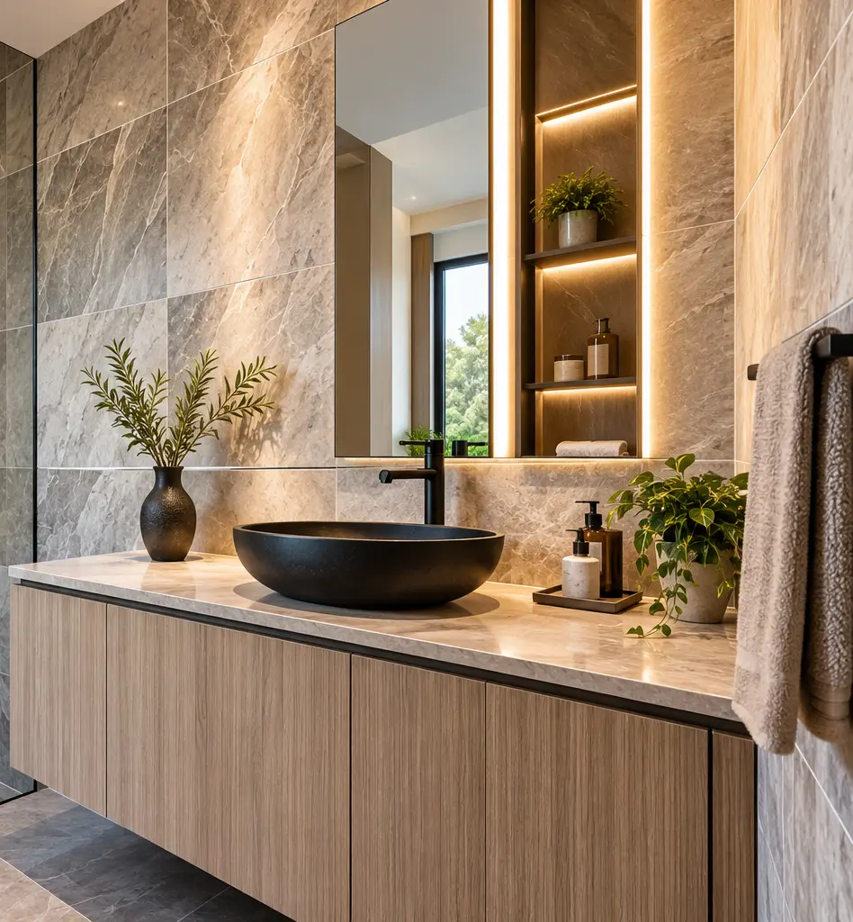 Stone-look tiled bathroom with floating timber vanity