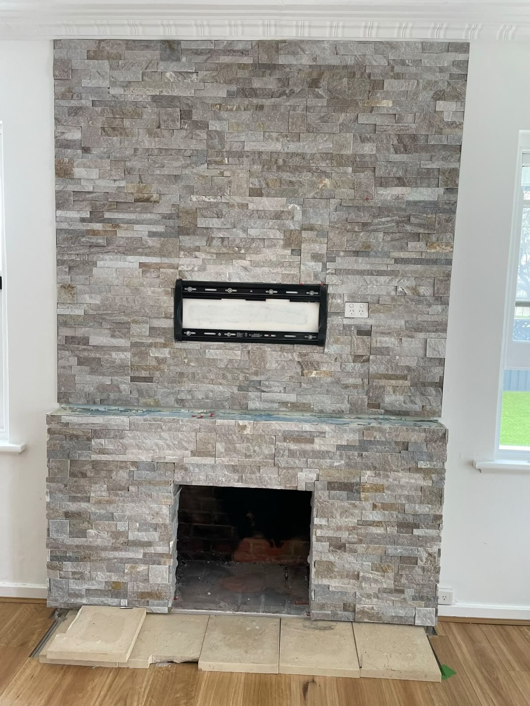 Stone Fireplace Wall — stacked stone feature wall with floating hearth, Canning Vale, WA