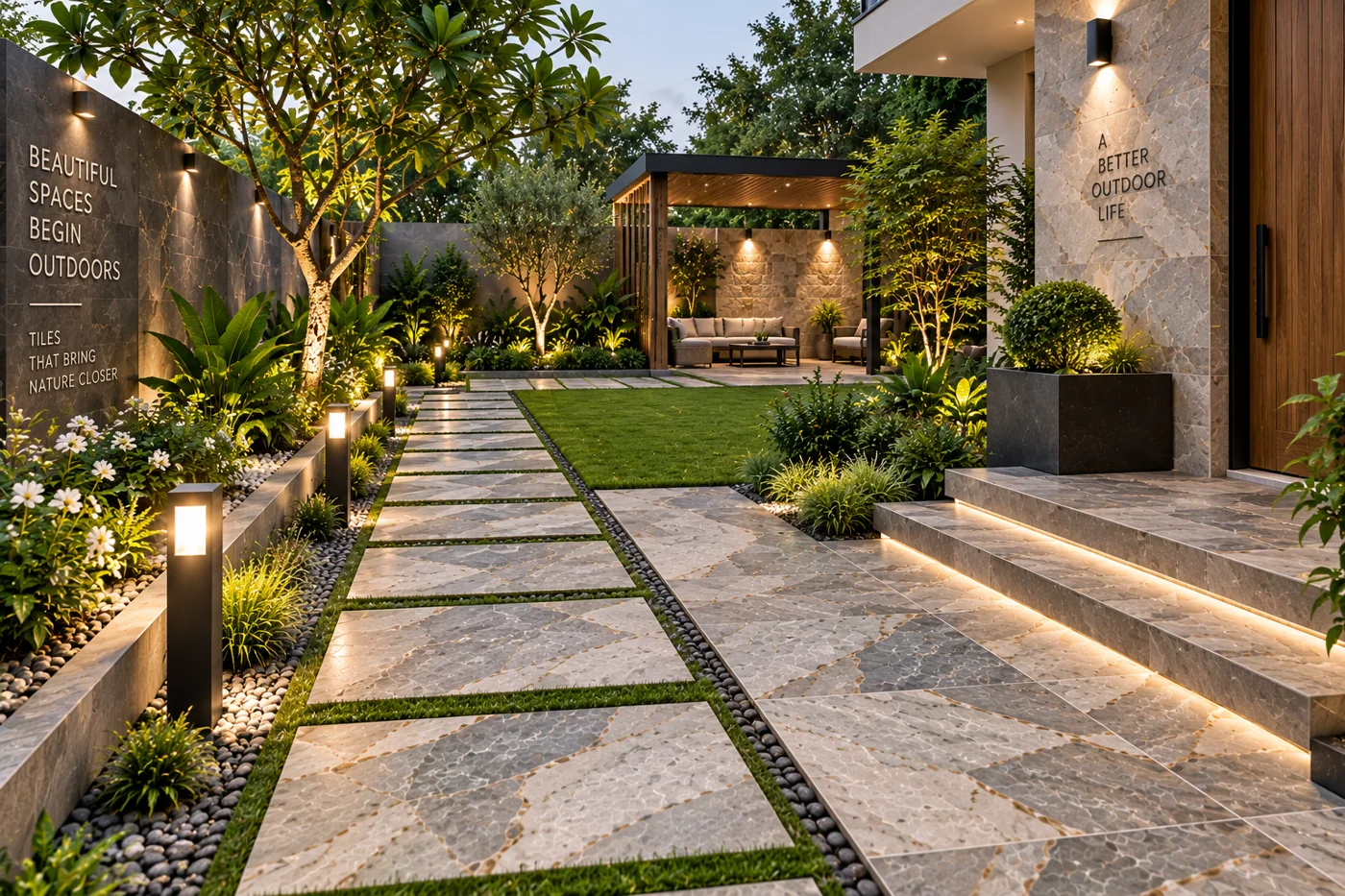 Tiled garden pathway with lawn and feature lighting