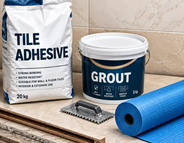 Tile adhesive, grout, trims and waterproofing membrane