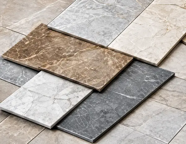 Selection of natural stone and porcelain tile samples