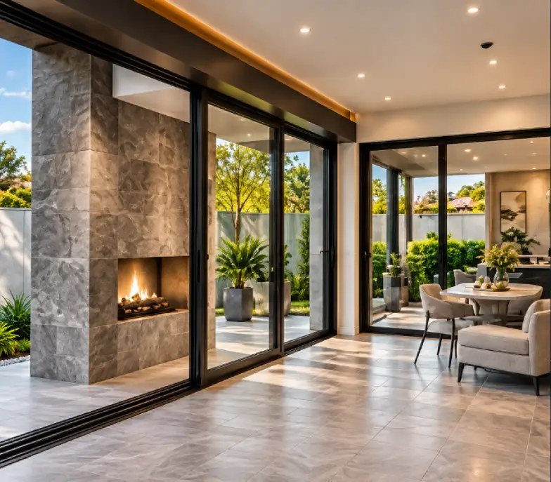 Modern open-plan living area opening onto a tiled alfresco
