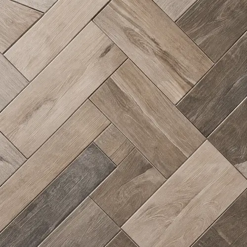 Herringbone timber-look floor tiles