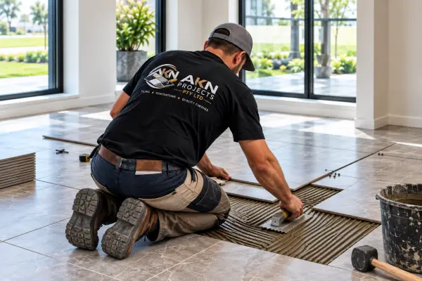AKN Projects tiler laying floor tiles on site in Perth