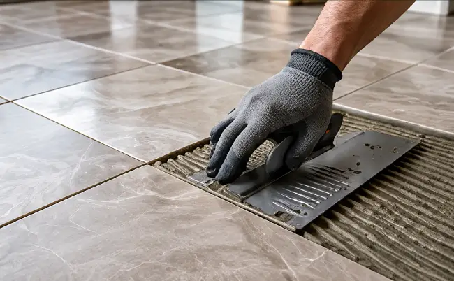 Tiler spreading adhesive with a notched trowel before laying a tile