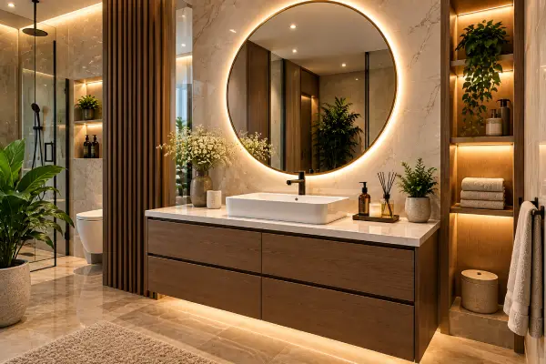 Completed bathroom with stone vanity and backlit mirror